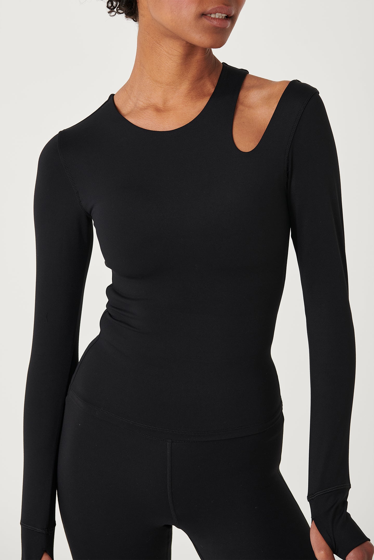 SkinLuxe Cut Out Shoulder Long Sleeve Top - Shadow Black