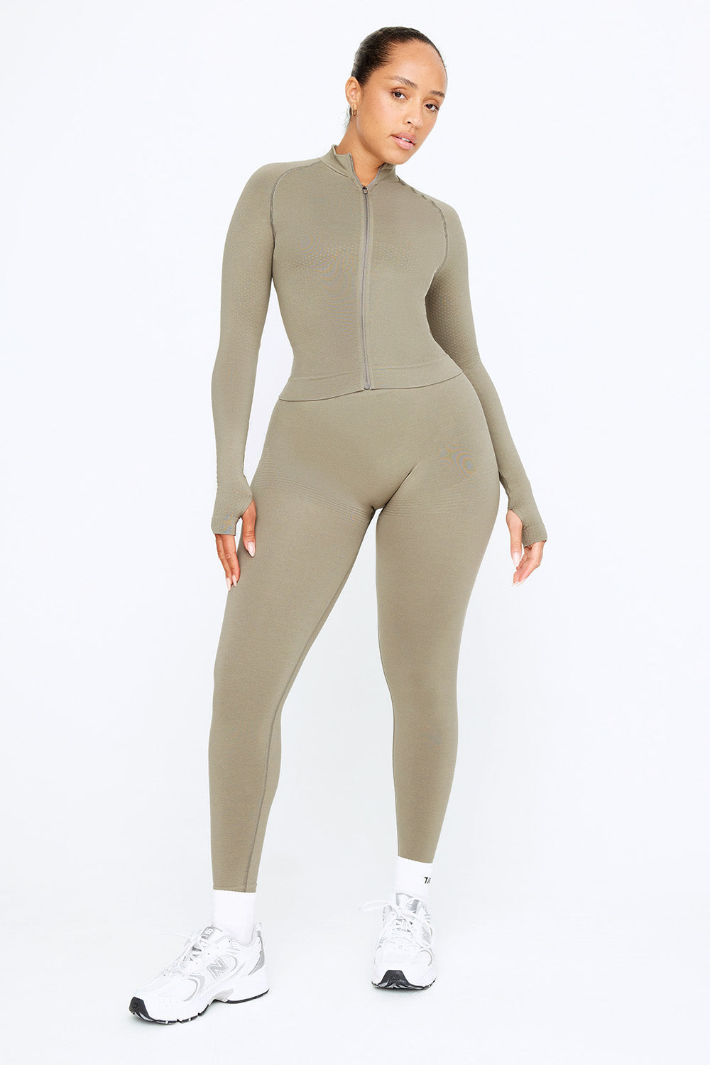 Sculpt Seamless Mock Neck Zip Through Jacket-  Olive Marl