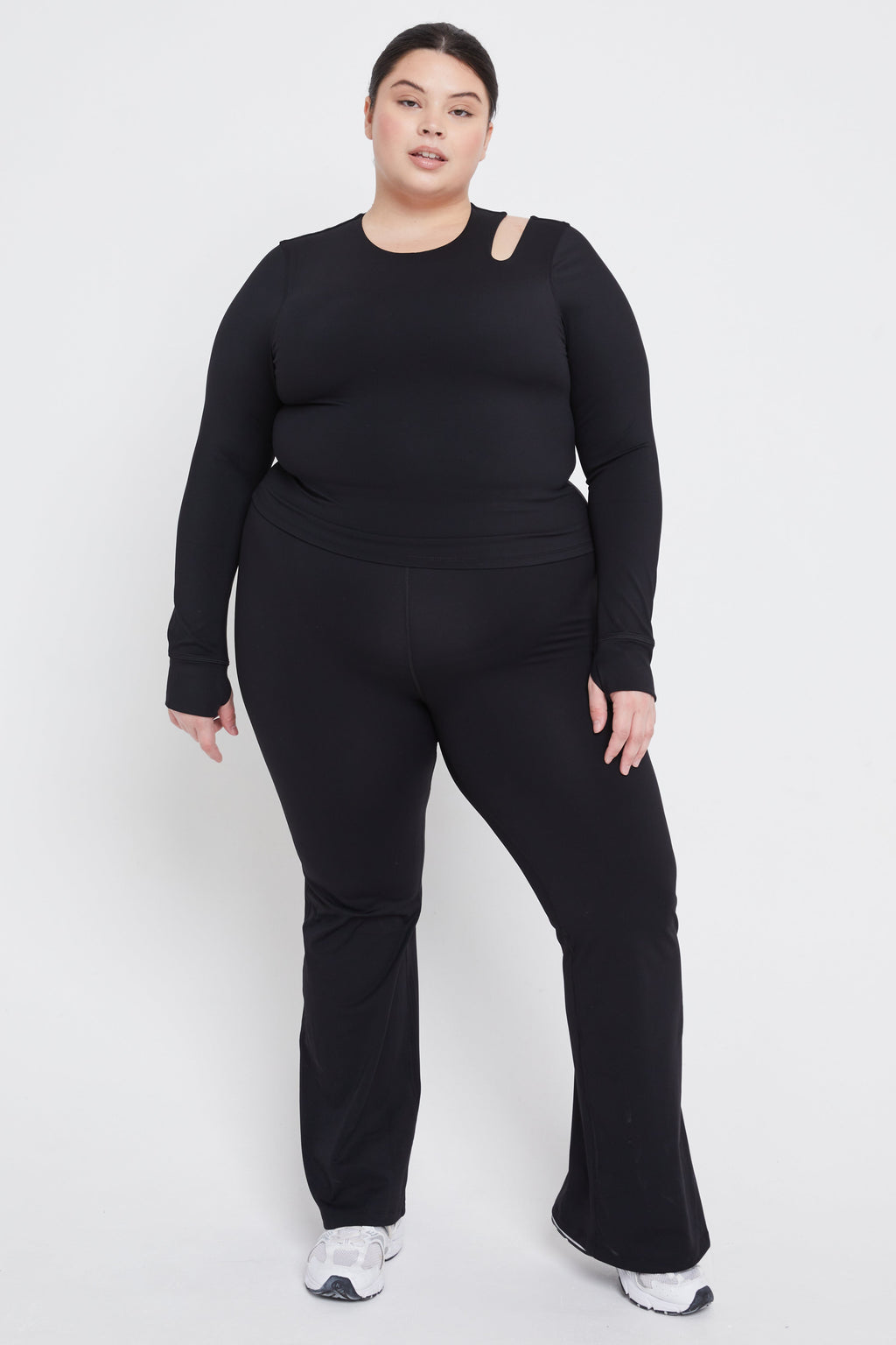 SkinLuxe Cut Out Shoulder Long Sleeve Top - Shadow Black