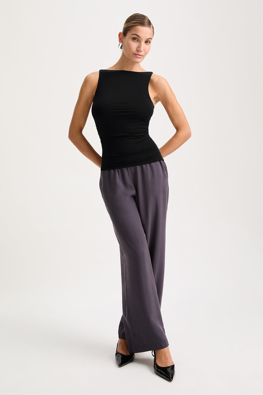 365 Ruched Side Boat Neck Top - Shadow Black