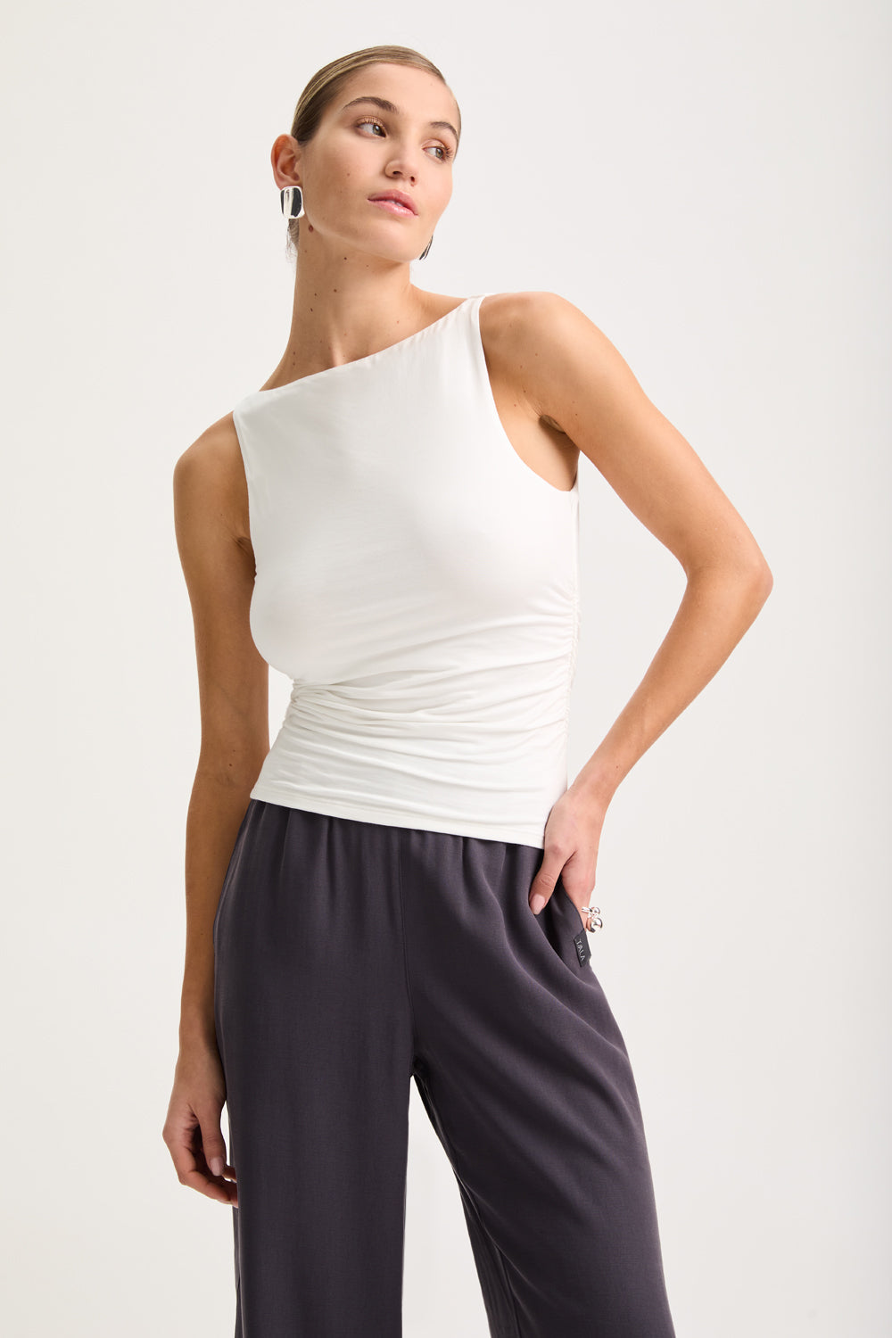 365 Ruched Side Boat Neck Top - Coconut Milk
