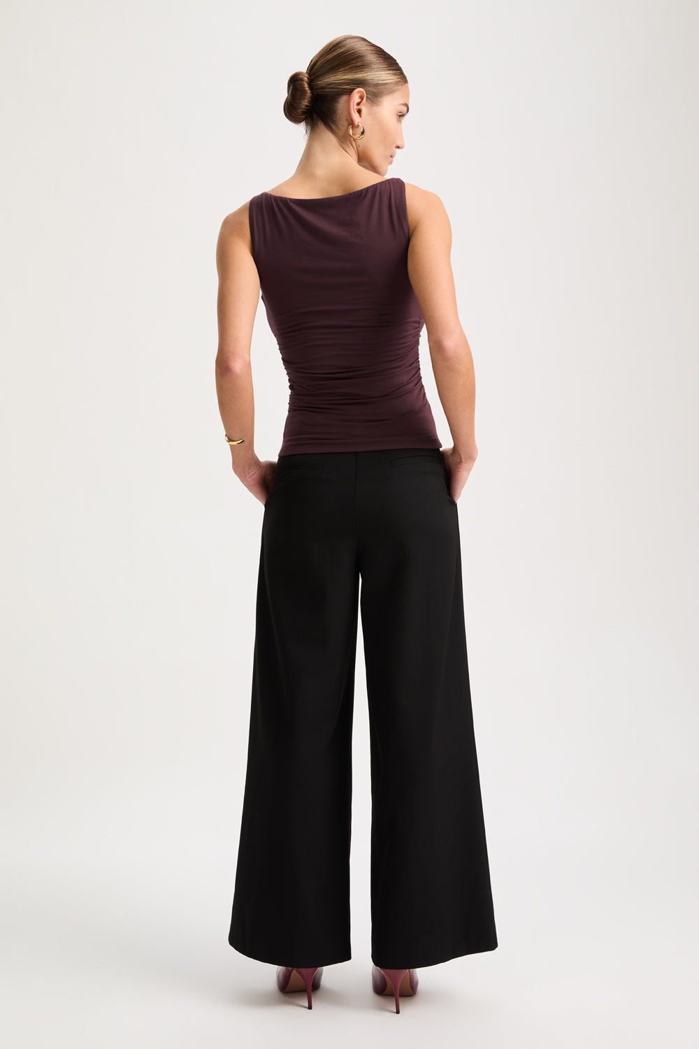 365 Ruched Side Boat Neck Top - Mulled Wine