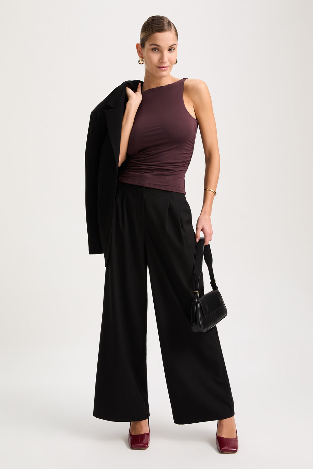 365 Ruched Side Boat Neck Top - Mulled Wine