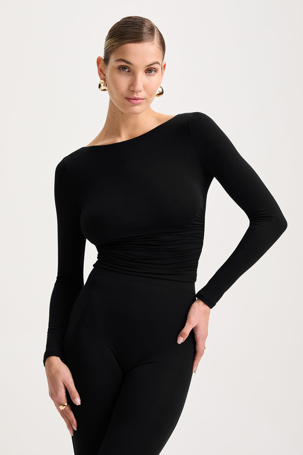 365 Ruched Side Open Back Long Sleeve Top - Shadow Black