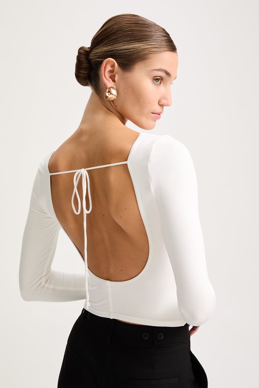 365 Ruched Side Open Back Long Sleeve Top - Coconut Milk