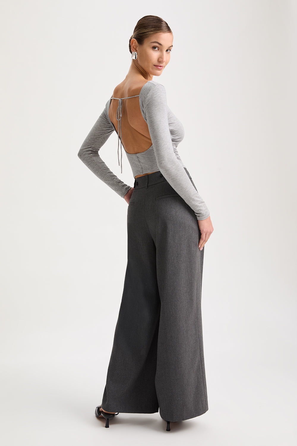 365 Ruched Side Open Back Long Sleeve Top - Grey Marl