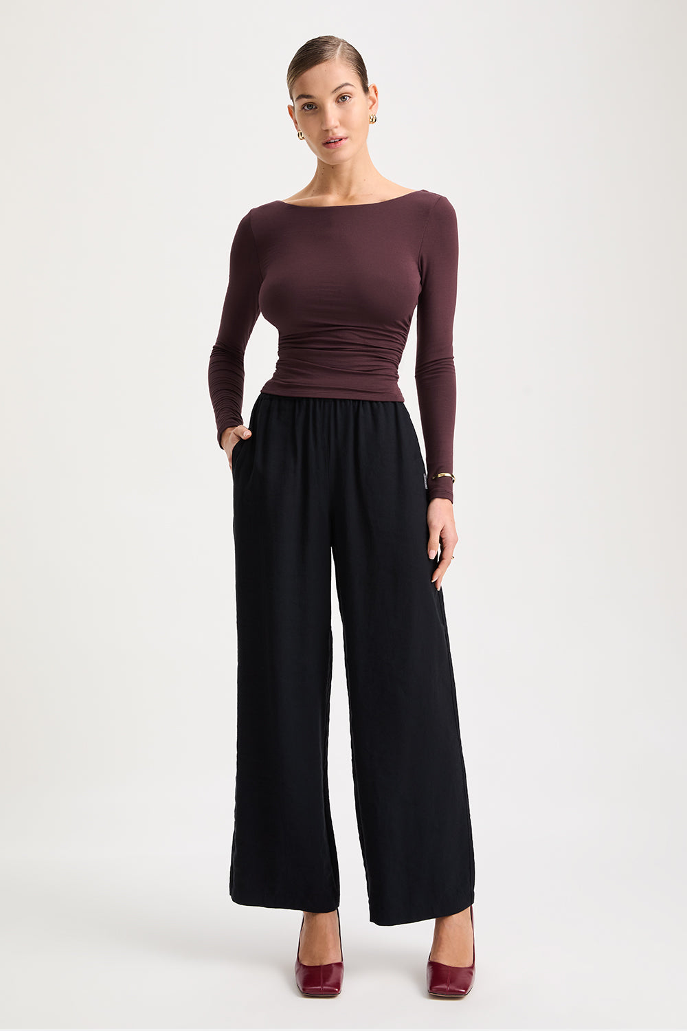 365 Ruched Side Open Back Long Sleeve Top - Mulled Wine
