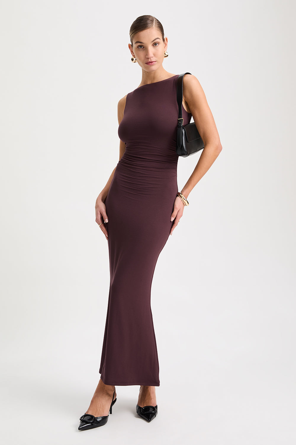 365 Ruched Side Boat Neck Maxi Dress - Mulled Wine
