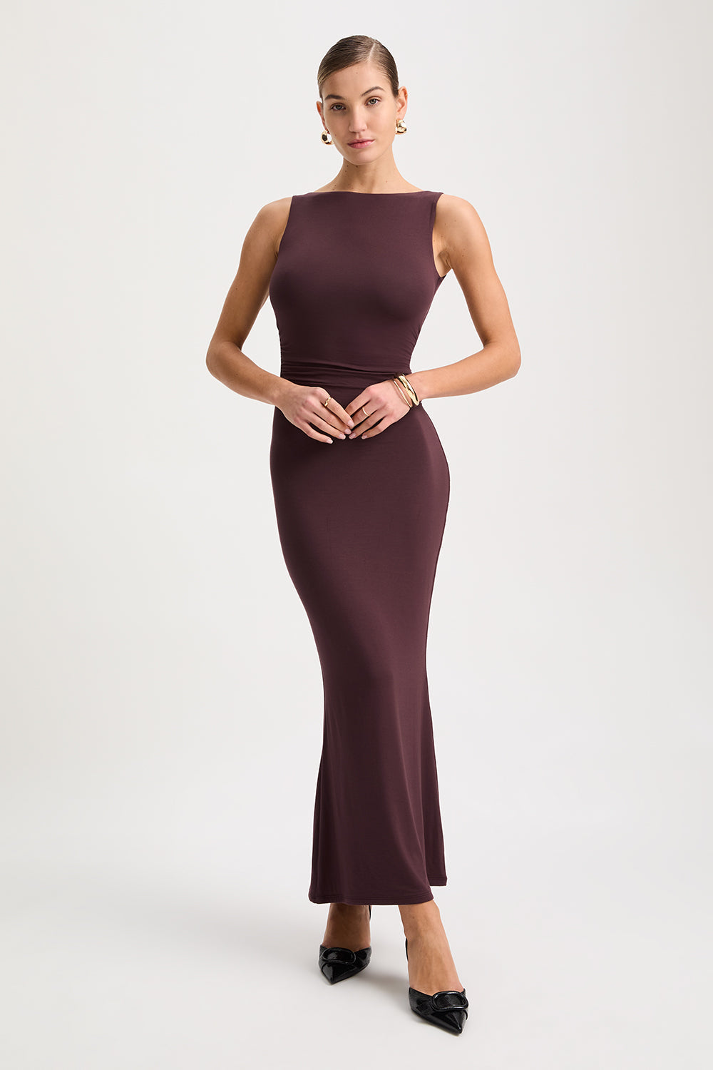 365 Ruched Side Boat Neck Maxi Dress - Mulled Wine