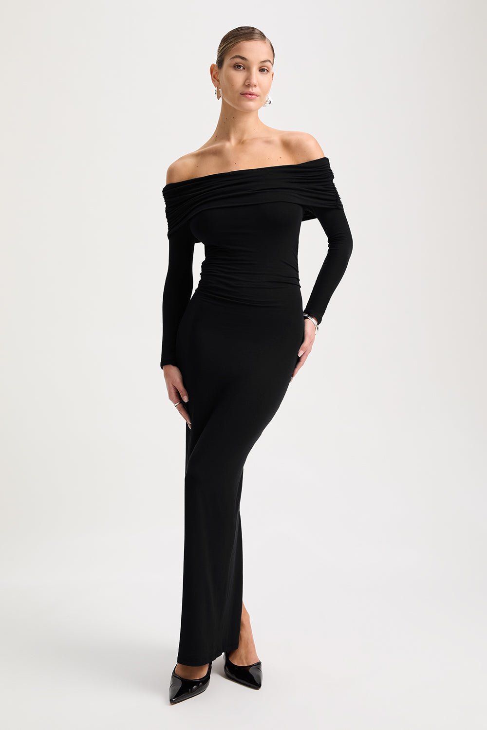 365 Ruched Side Bardot Maxi Dress - Shadow Black