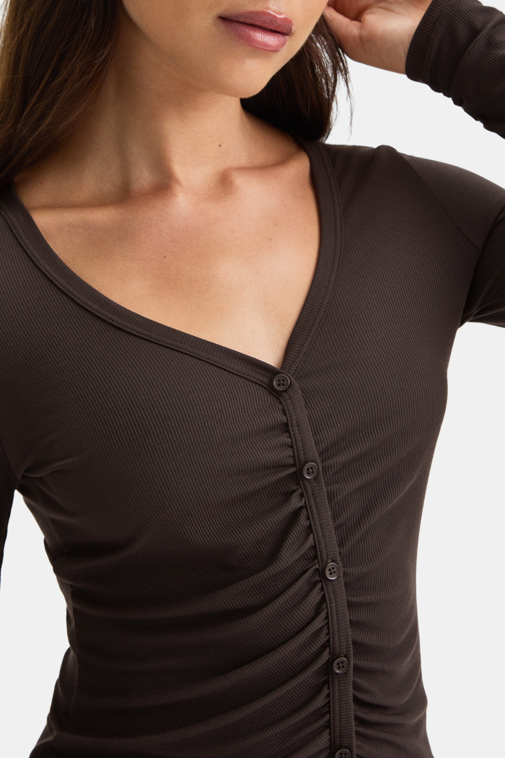 365 Sculpting Lounge Gathered Button Up Cardigan - Espresso