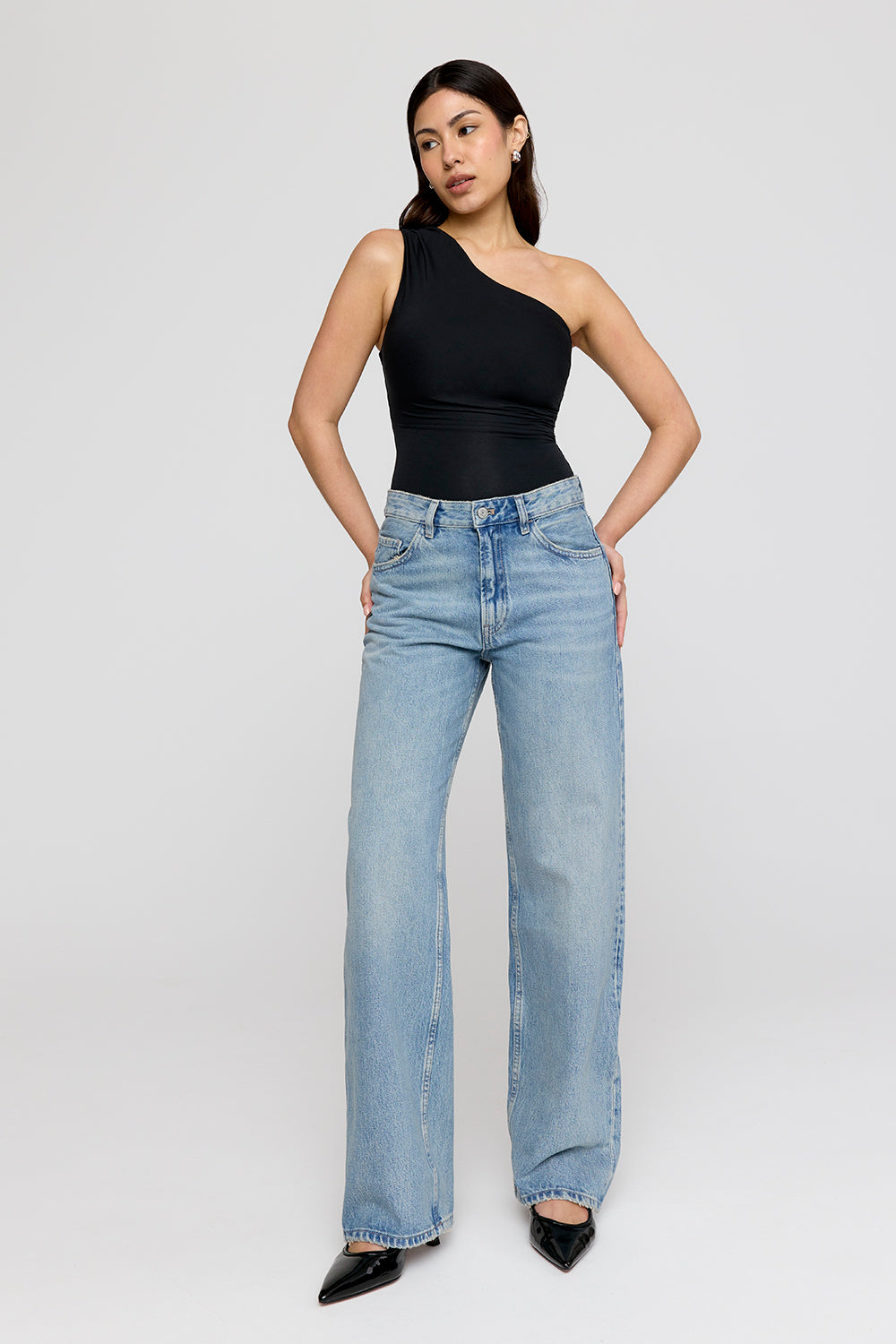 365 Asymmetric Ruched Side Bodysuit - Shadow Black