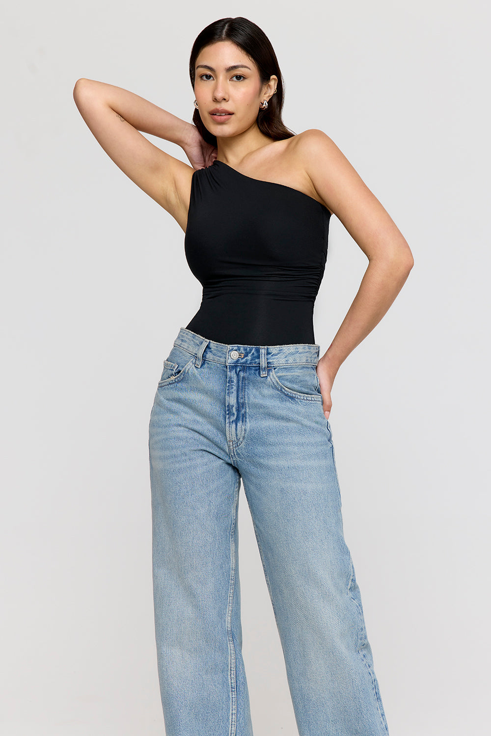 365 Asymmetric Ruched Side Bodysuit - Shadow Black