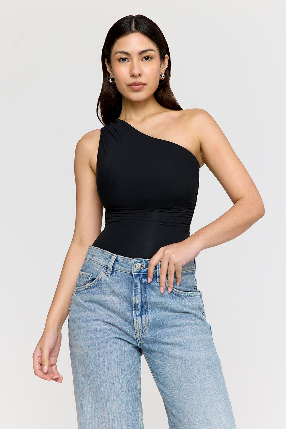 365 Asymmetric Ruched Side Bodysuit - Shadow Black