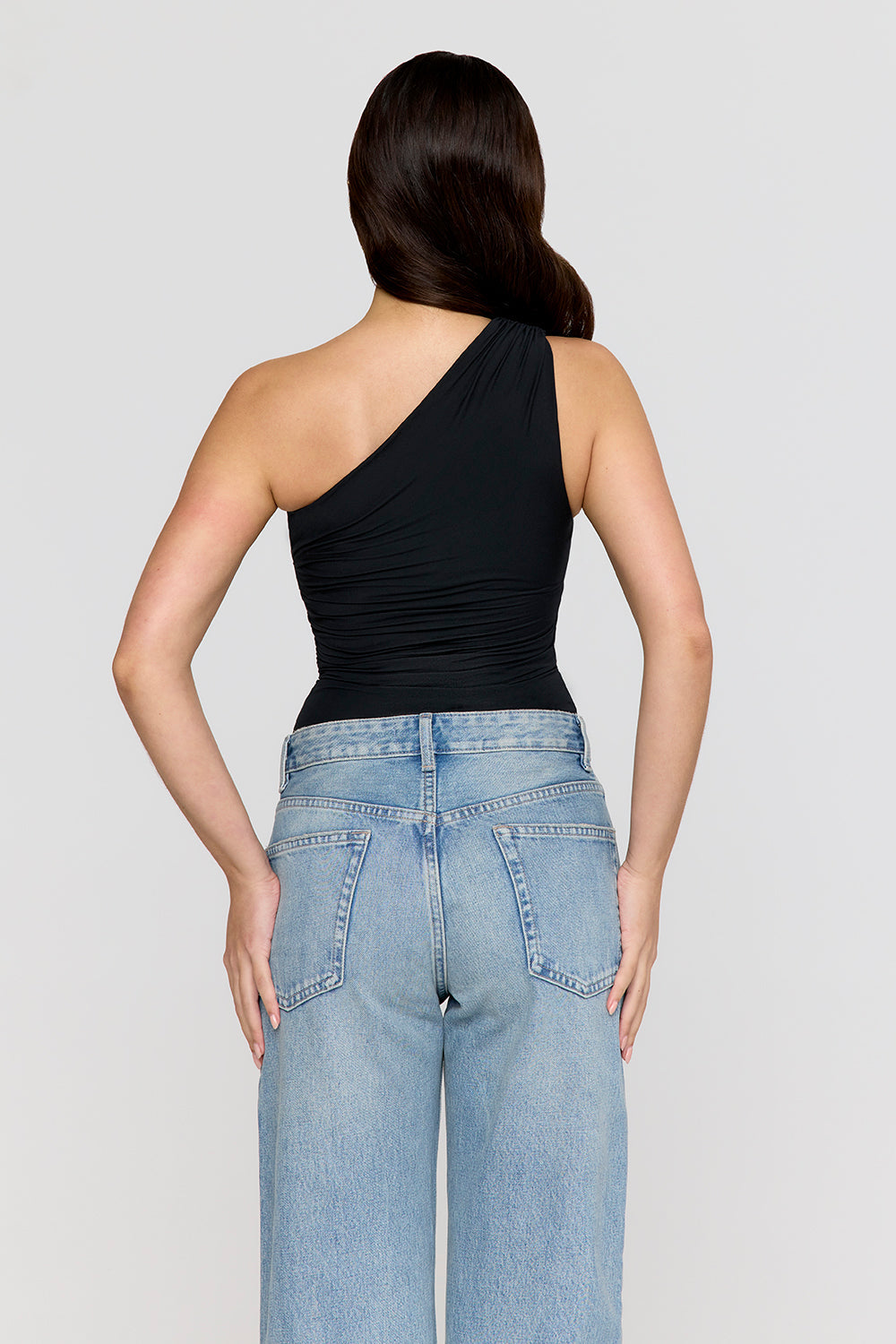 365 Asymmetric Ruched Side Bodysuit - Shadow Black