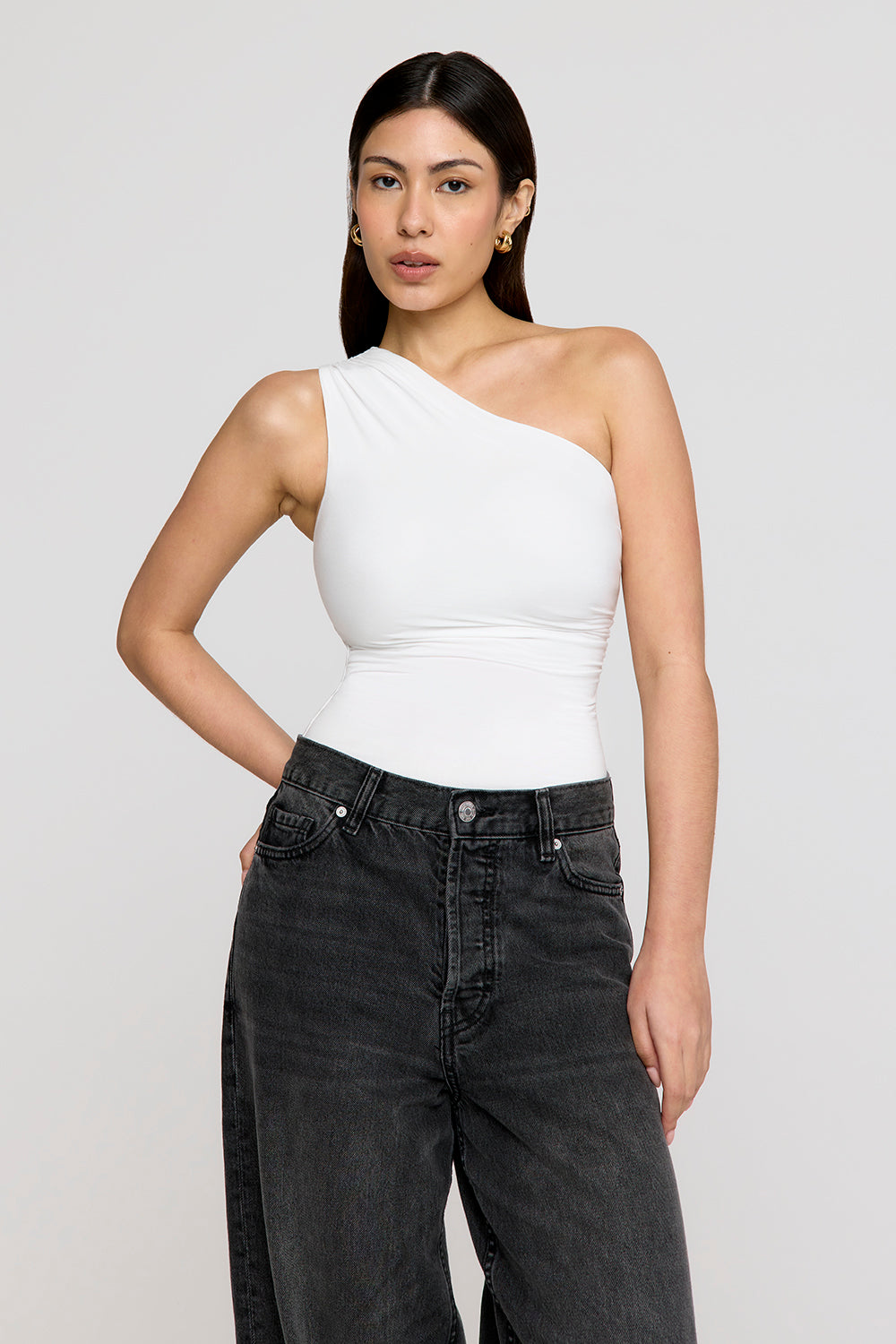 365 Asymmetric Ruched Side Bodysuit - Coconut Milk