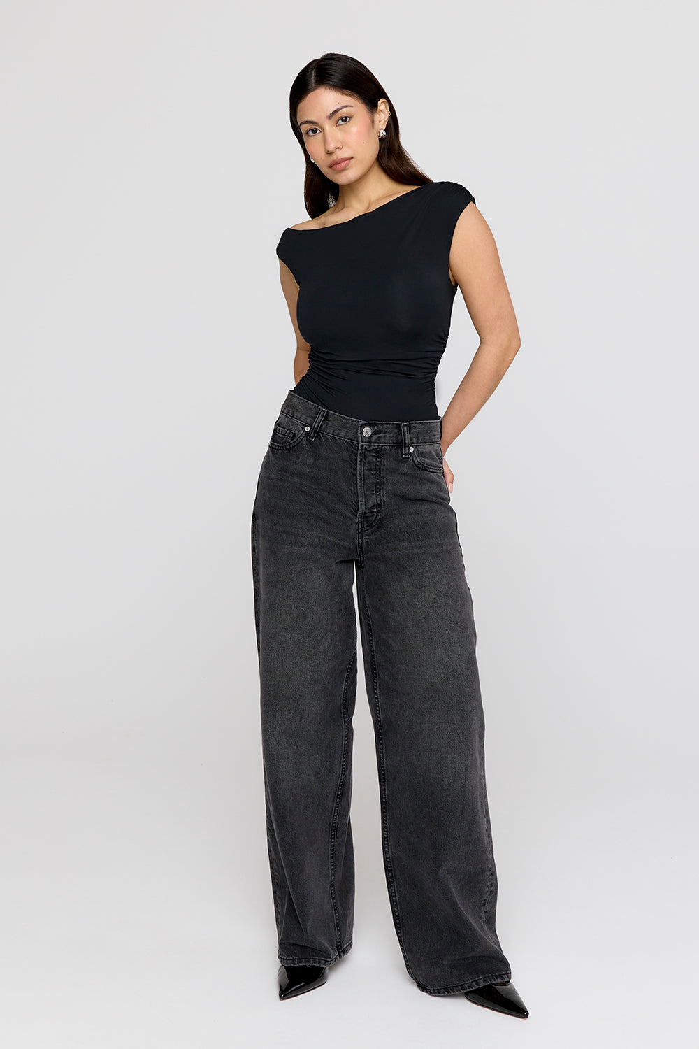 365 Asymmetric Ruched Side Top - Shadow Black