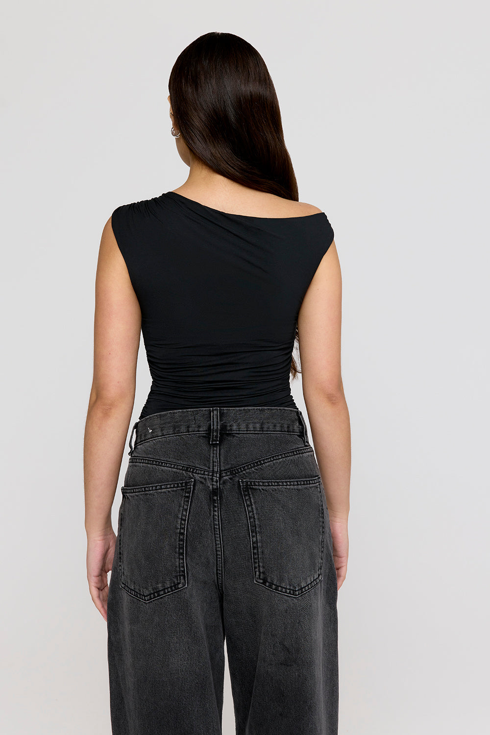 365 Asymmetric Ruched Side Top - Shadow Black