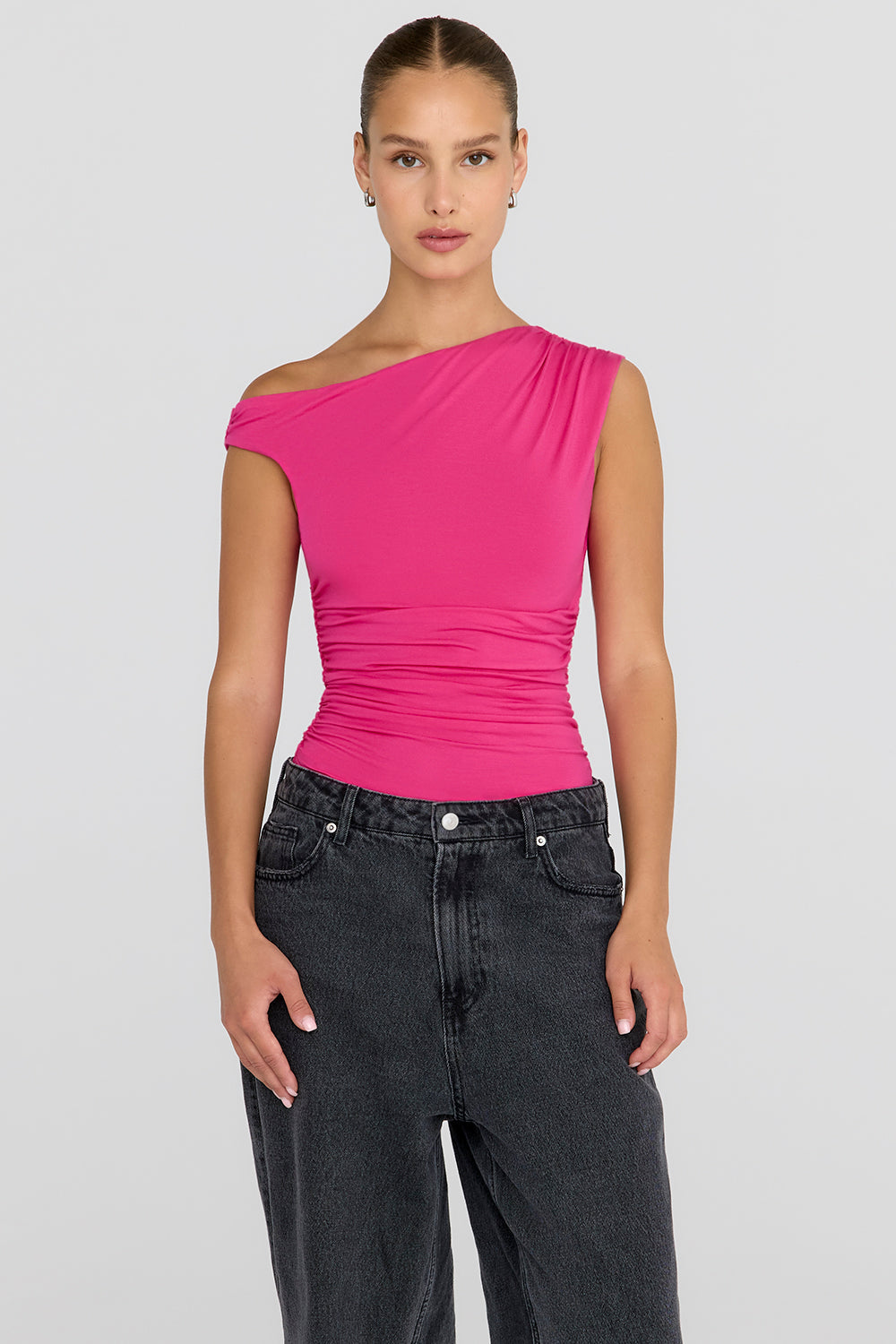 365 Asymmetric Ruched Side Top - Hot Pink