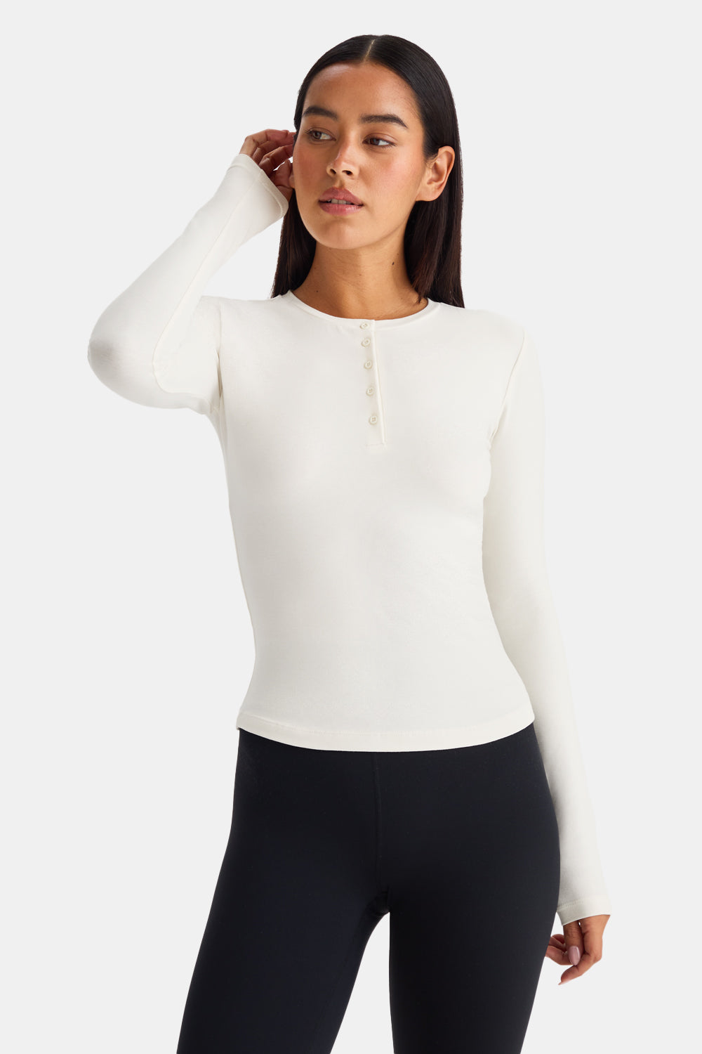 365 Core Cotton Long Sleeve Henley Top - Ivory