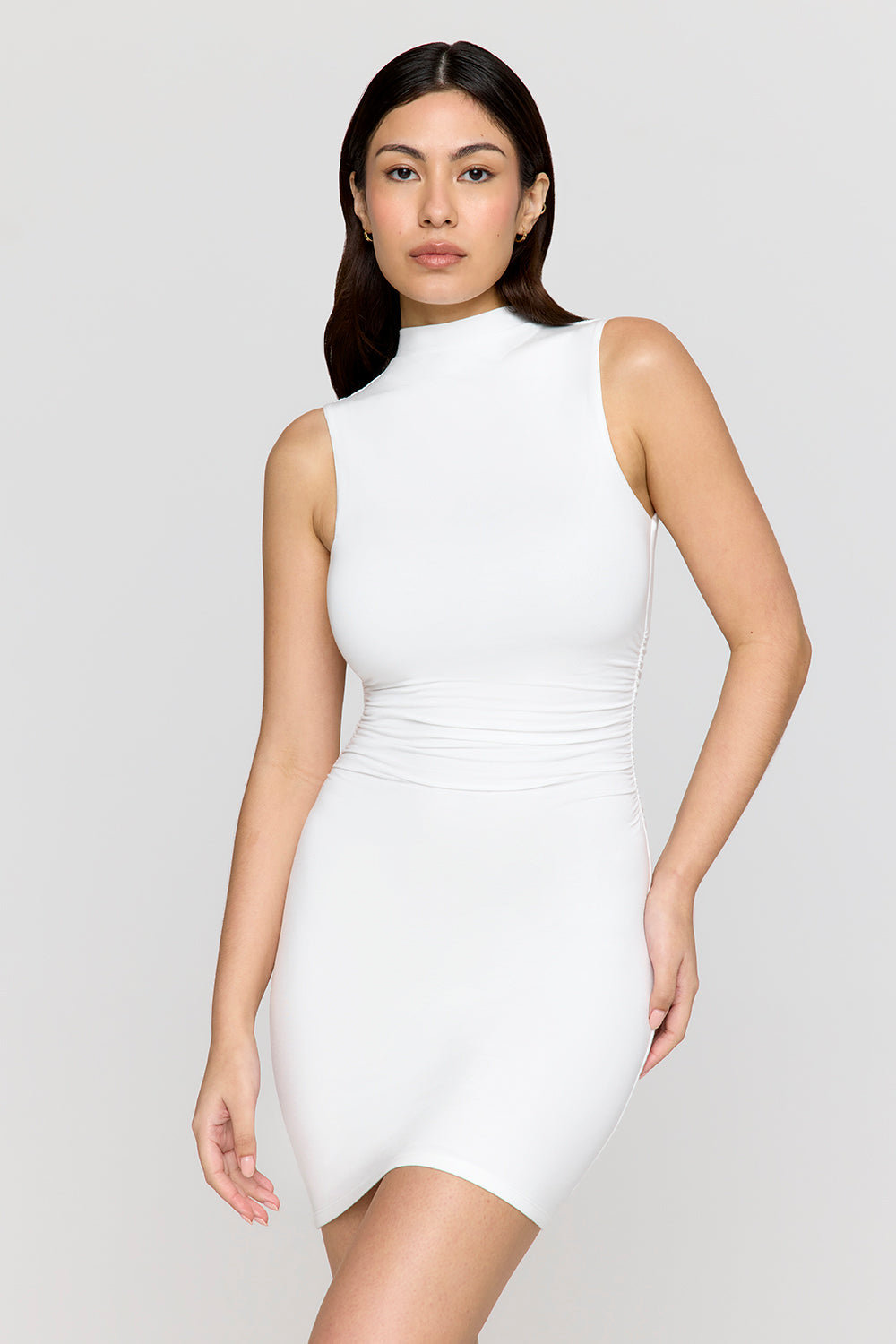 365 Ruched Side Mock Neck Mini Dress - Coconut Milk