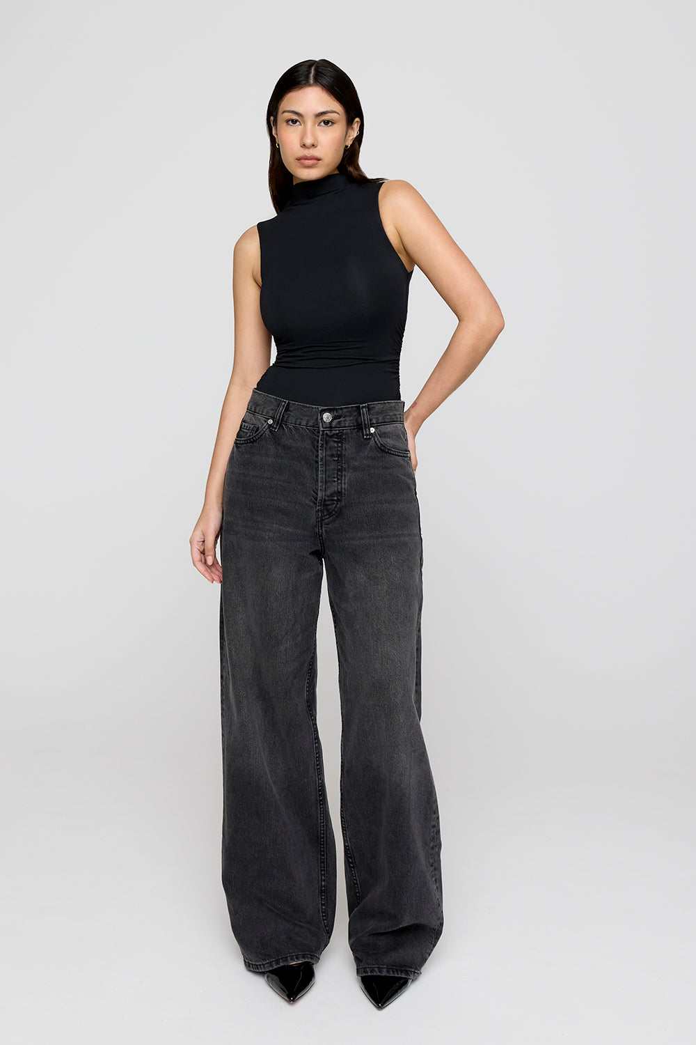 365 Ruched Side Mock Neck Top - Shadow Black