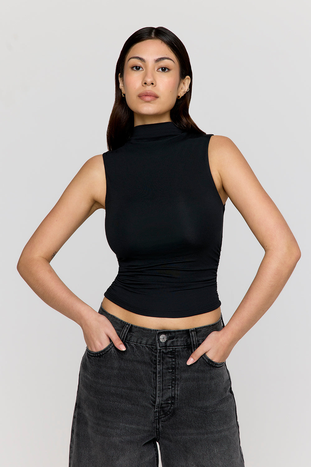 365 Ruched Side Mock Neck Top - Shadow Black