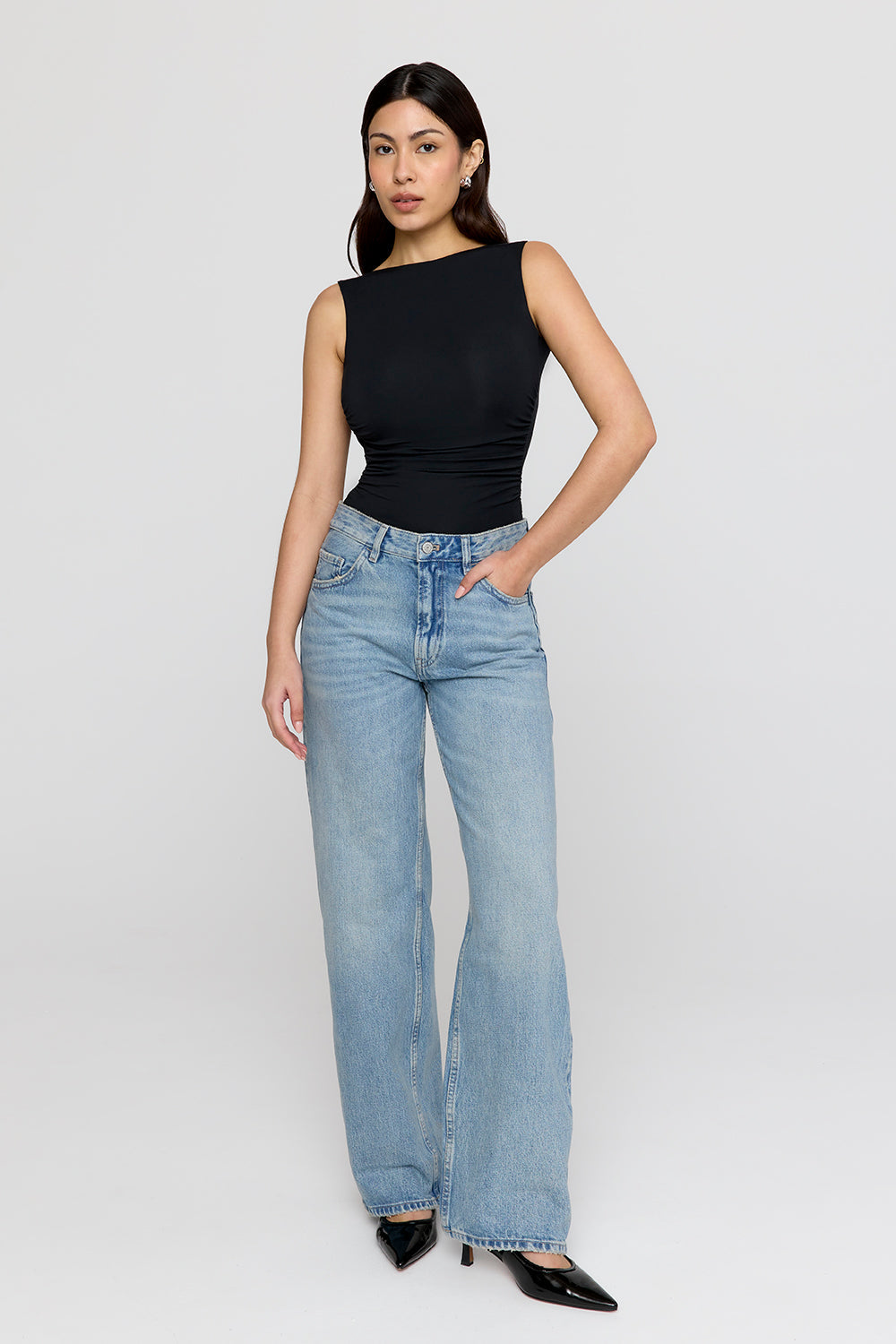 365 Ruched Side Open Back Top - Shadow Black