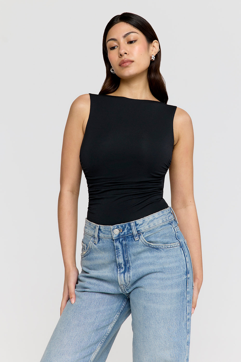 365 Ruched Side Open Back Top - Shadow Black