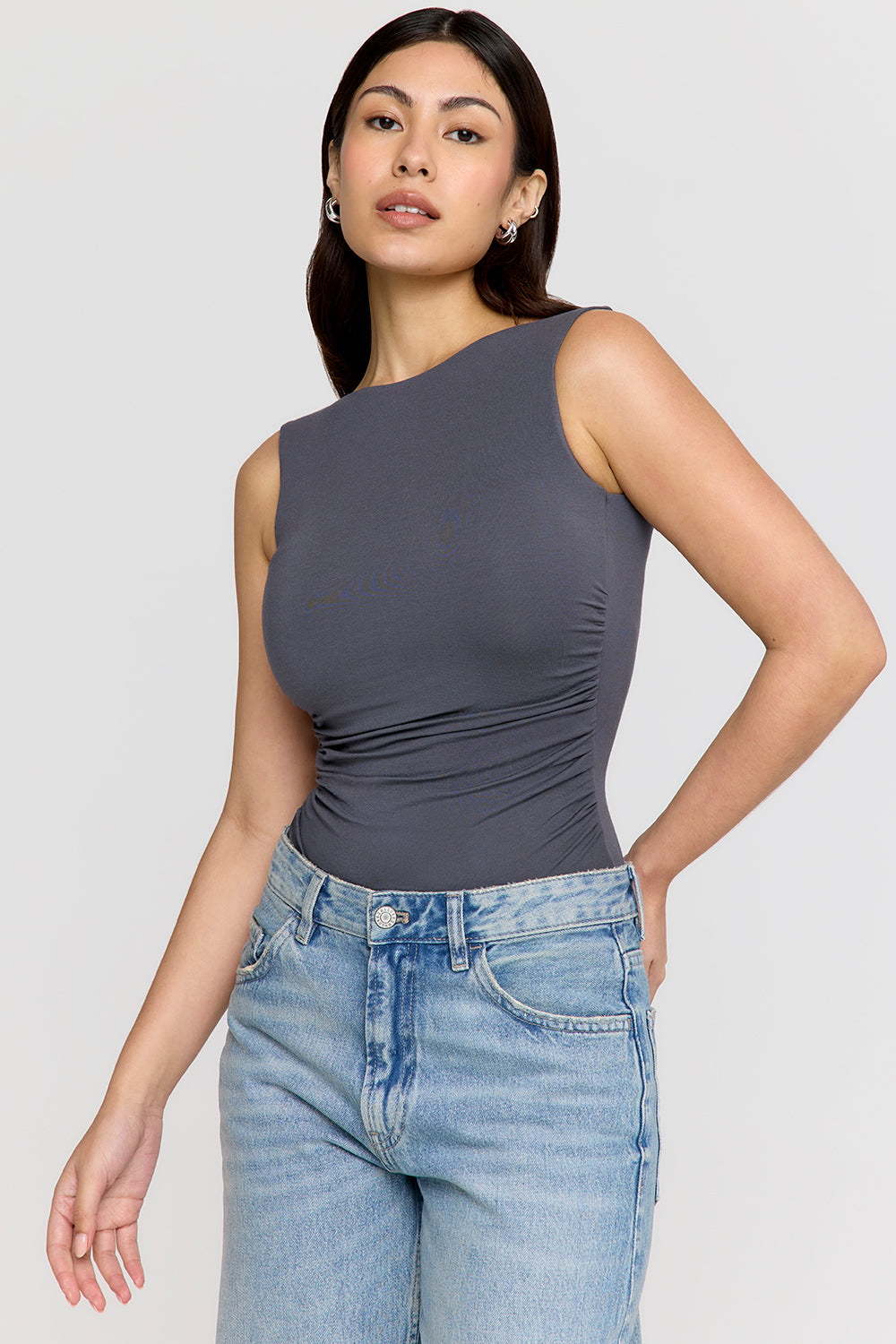 365 Ruched Side Open Back Top - Graphite