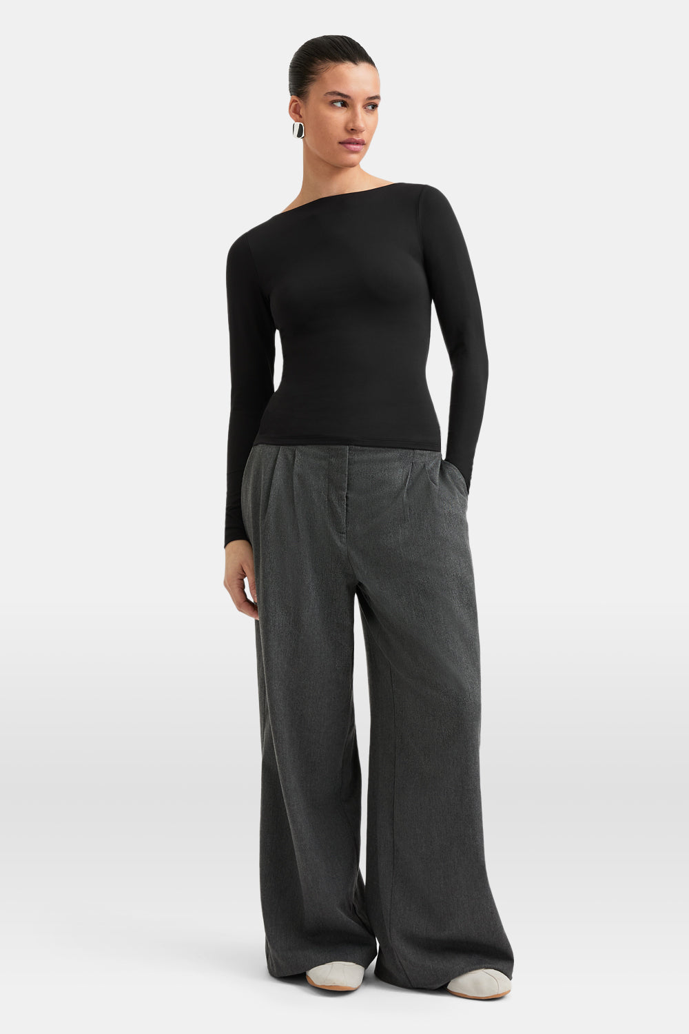 365 Boat Neck Long Sleeve Top - Shadow Black