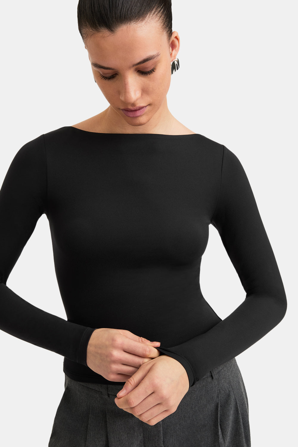 365 Boat Neck Long Sleeve Top - Shadow Black
