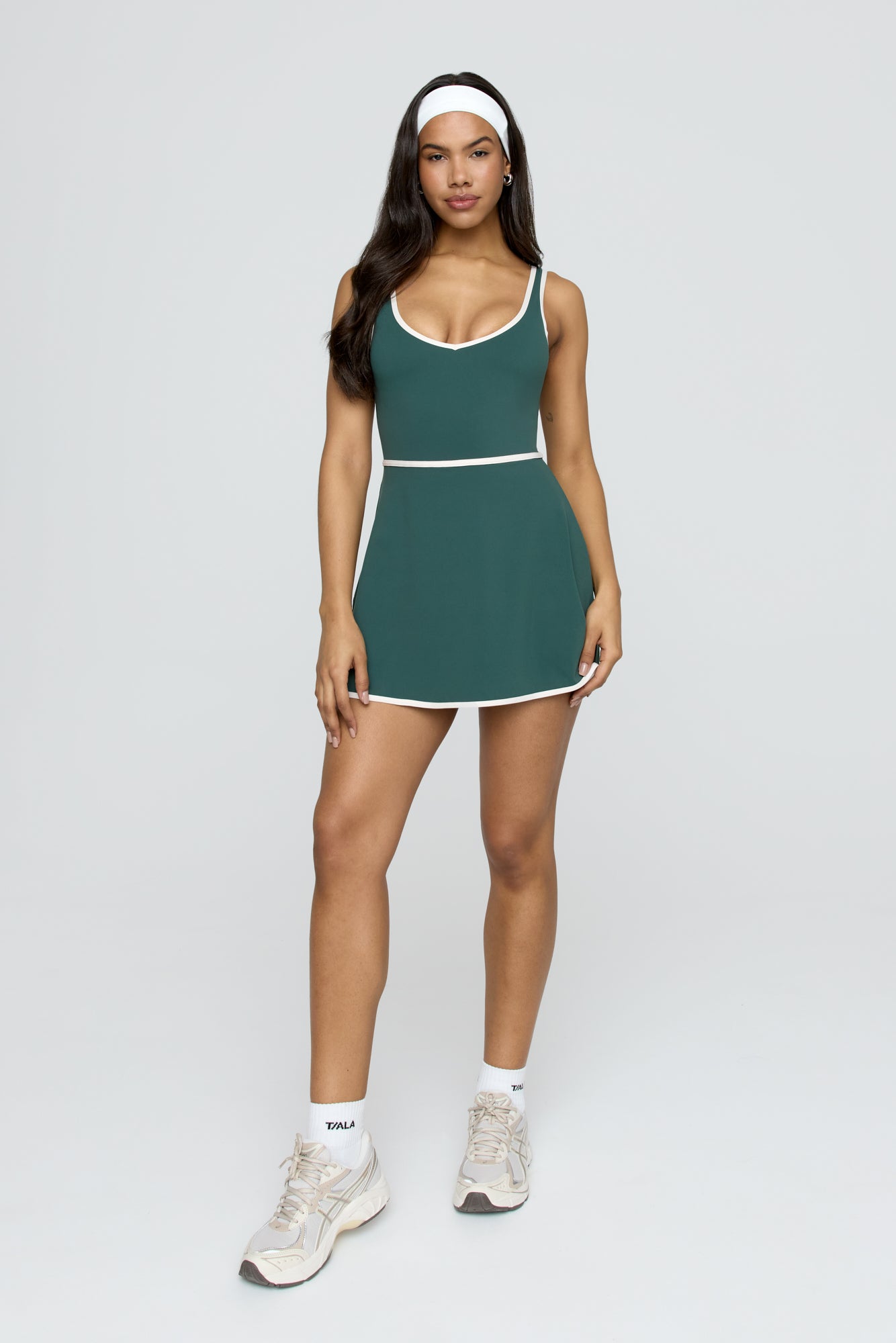 DayFlex Built-In Support V Neck Tennis Dress - Hunter Green And Buttermilk