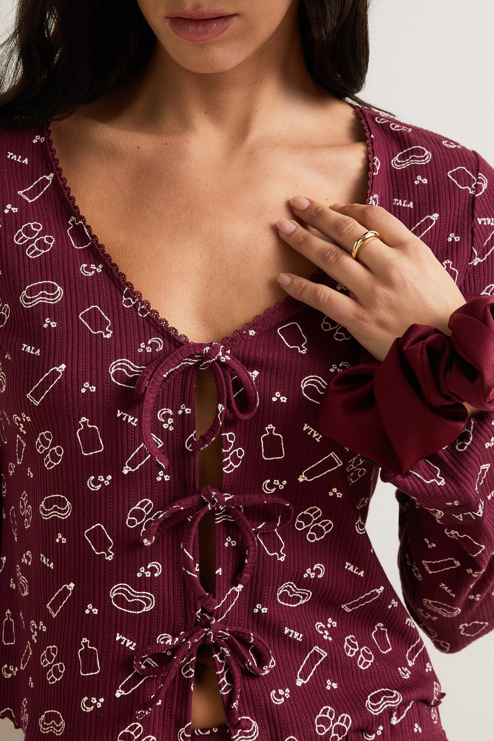 Tie Up Pyjama Cardigan - Burgundy 'Wind Down' Print