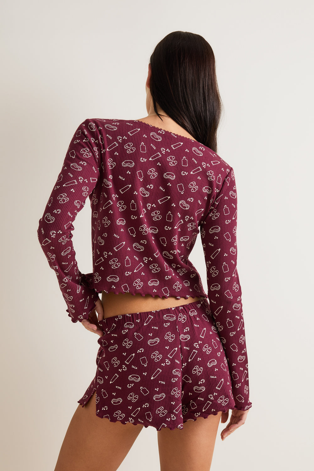 Tie Up Pyjama Cardigan - Burgundy 'Wind Down' Print