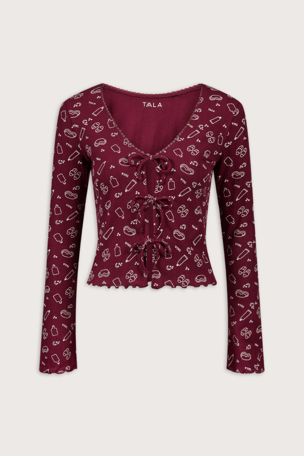 Tie Up Pyjama Cardigan - Burgundy 'Wind Down' Print