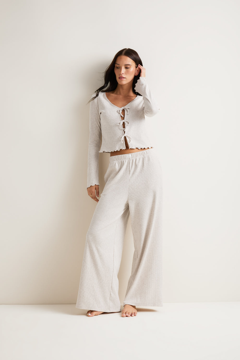 Tie Up Pyjama Cardigan - Oat Marl