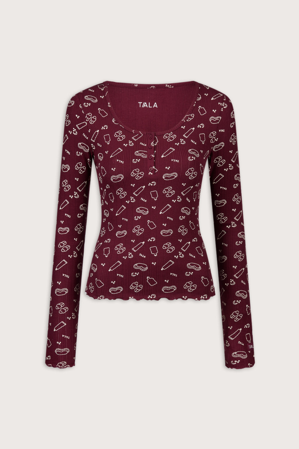 Henley Pyjama Top - Burgundy 'Wind Down' Print