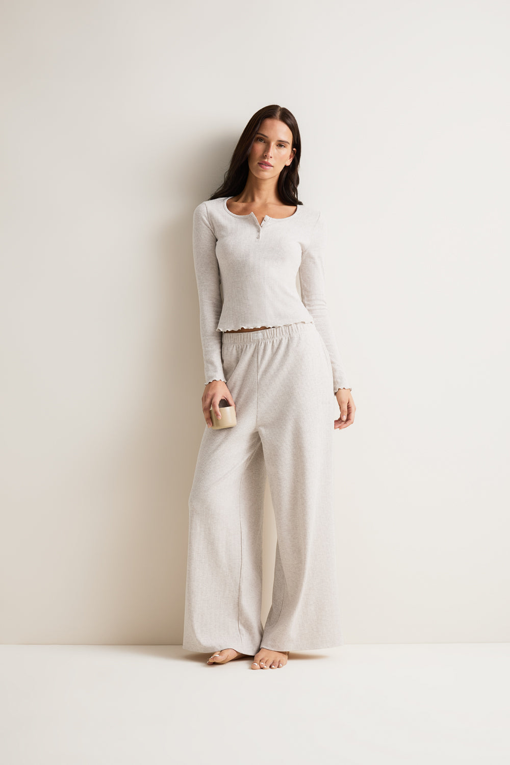 Henley Pyjama Top - Oat Marl