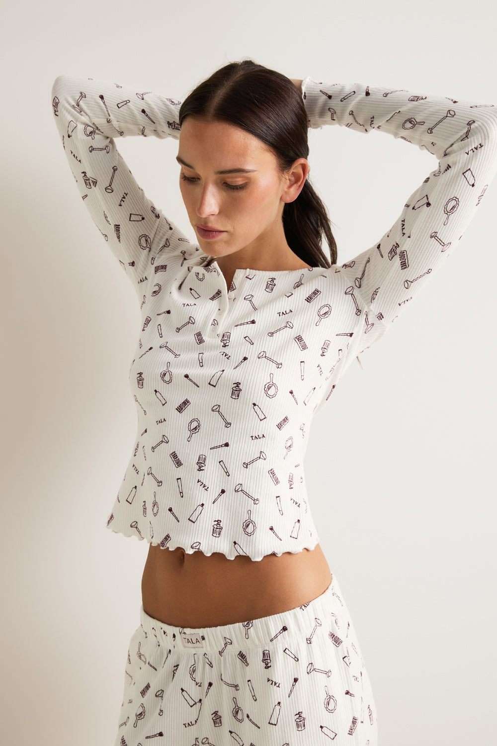 Henley Pyjama Top - Ivory 'Wake Up' Print