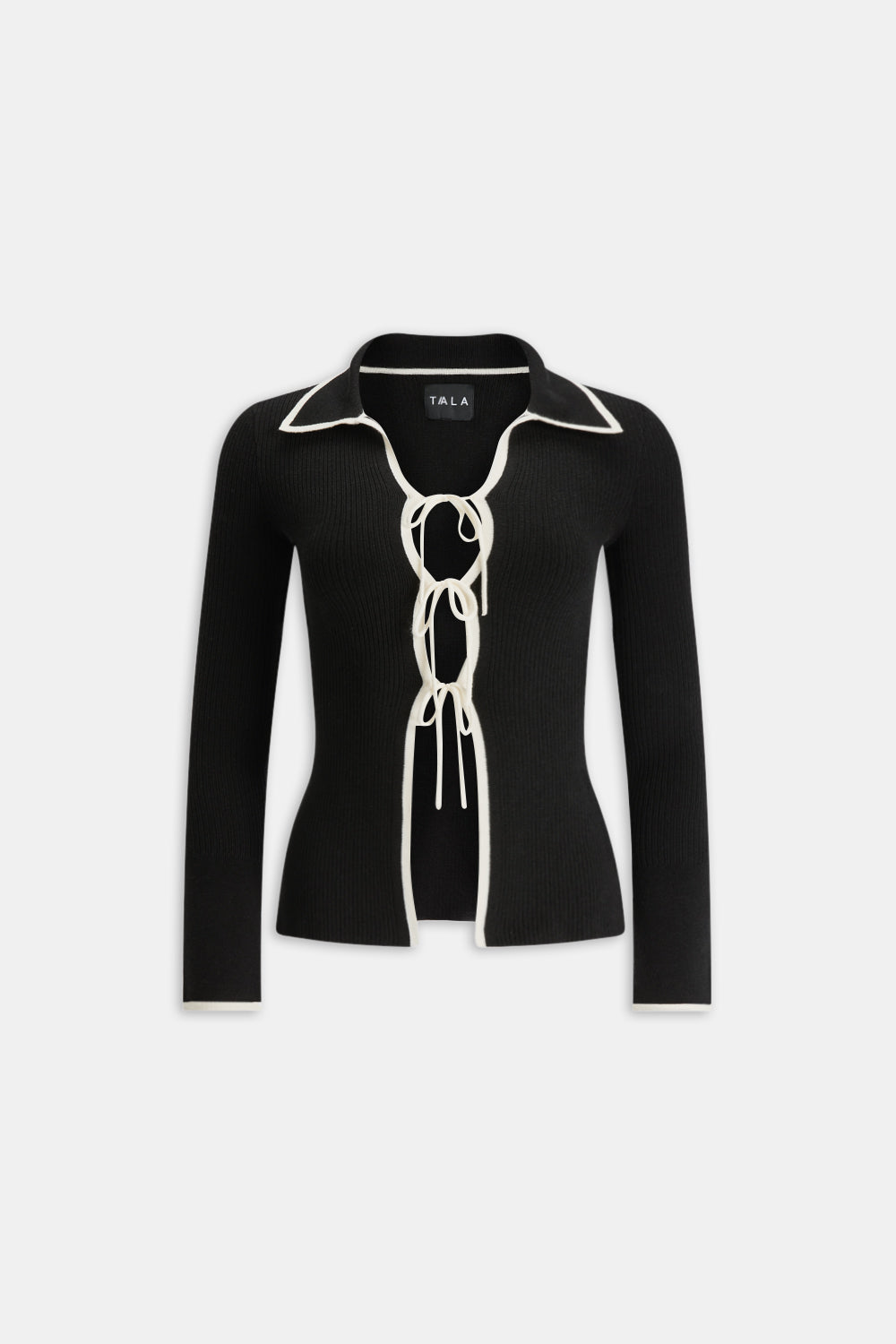 Slim Fit Long Sleeve Ribbed Knit Tie Top - Black And Buttermilk