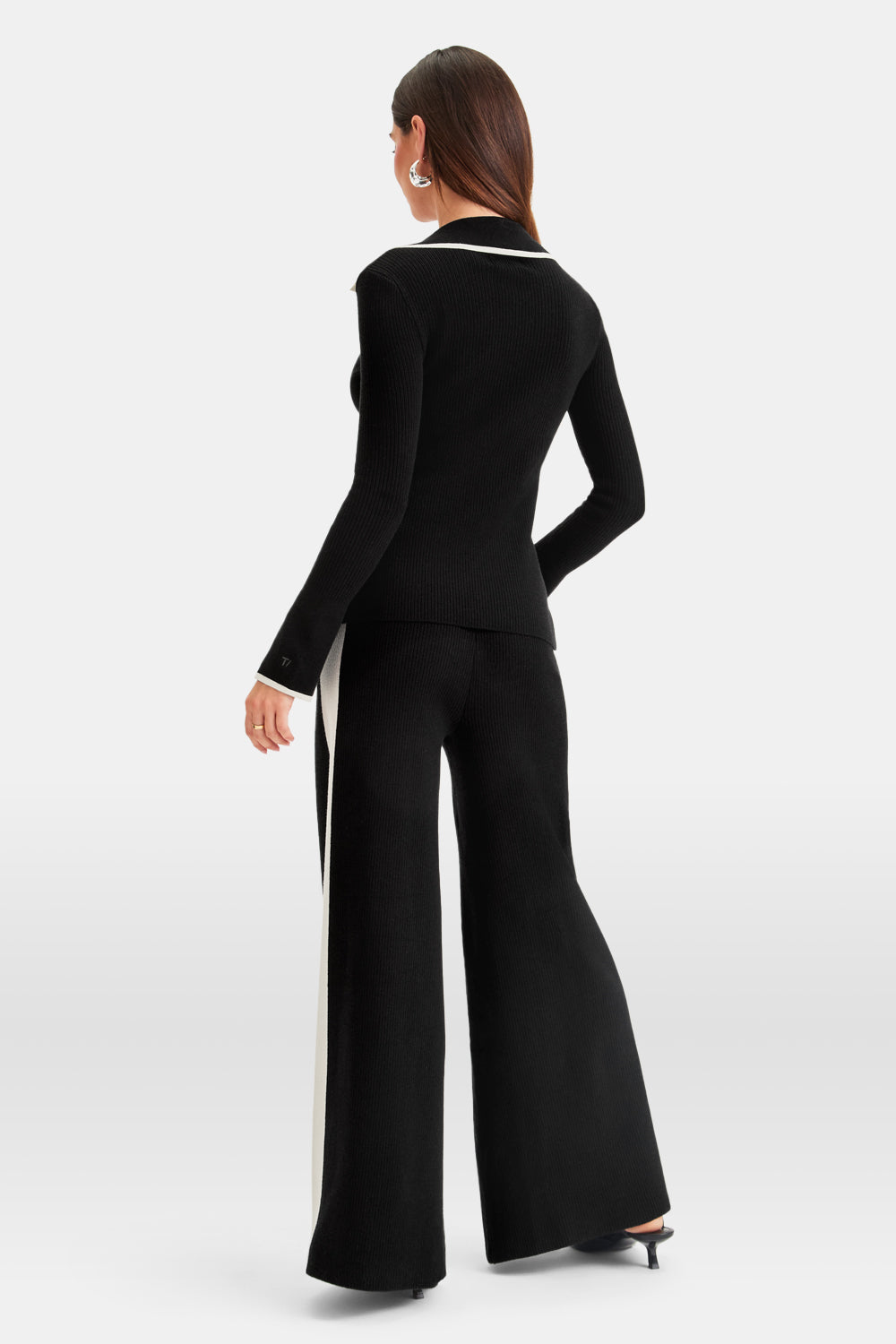 Slim Fit Long Sleeve Ribbed Knit Tie Top - Black And Buttermilk