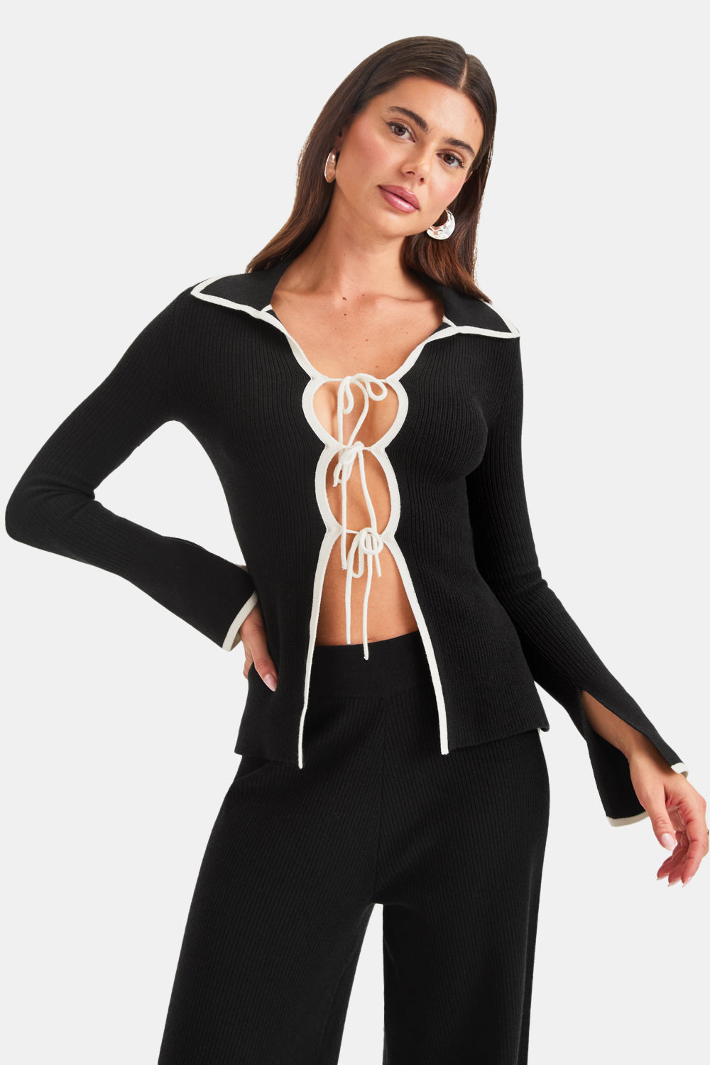 Slim Fit Long Sleeve Ribbed Knit Tie Top - Black And Buttermilk