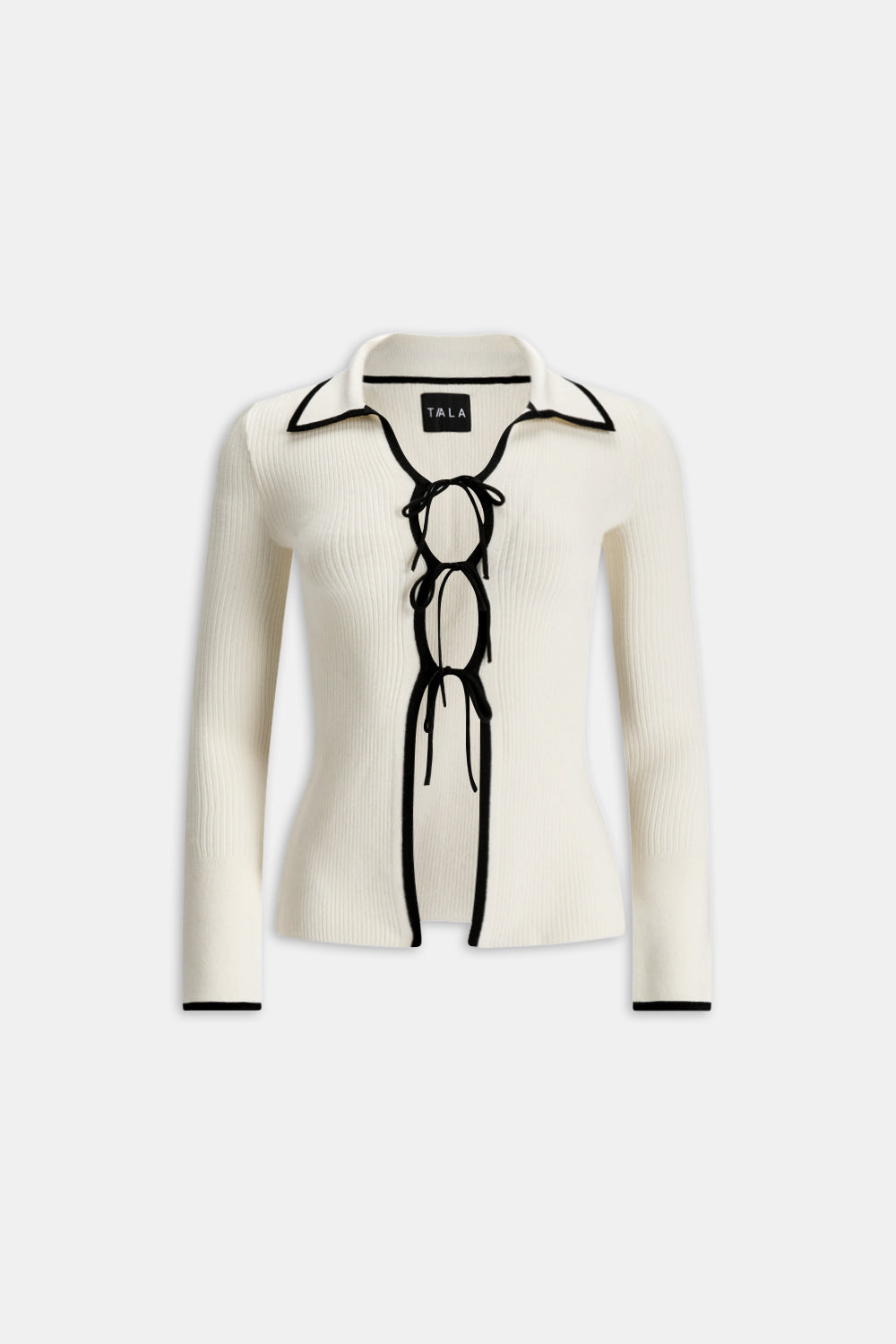 Slim Fit Long Sleeve Ribbed Knit Tie Top - Buttermilk And Black