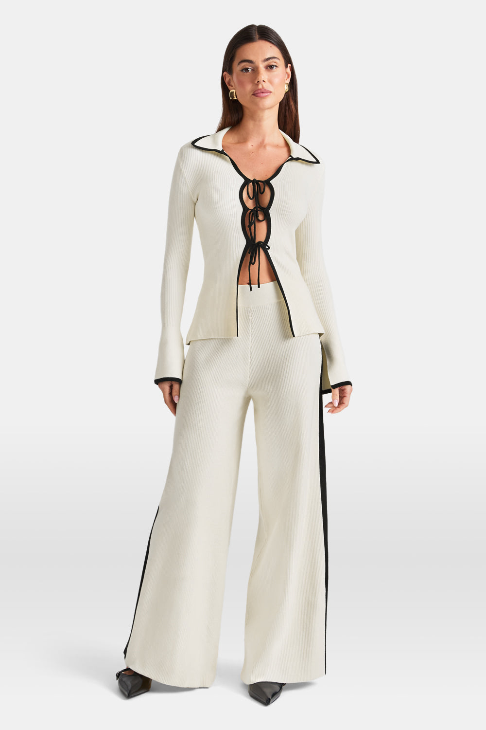 Slim Fit Long Sleeve Ribbed Knit Tie Top - Buttermilk And Black