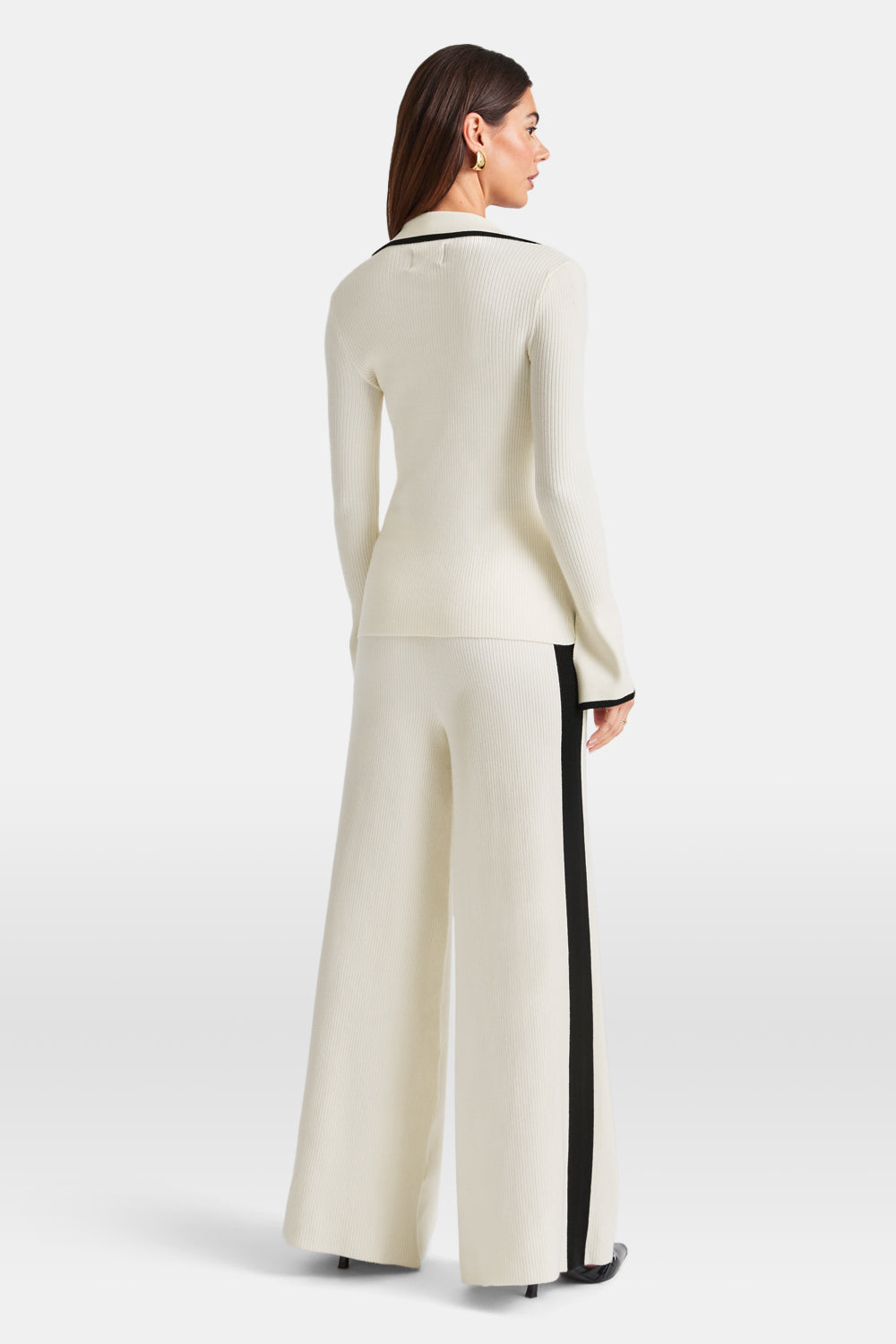 Slim Fit Long Sleeve Ribbed Knit Tie Top - Buttermilk And Black