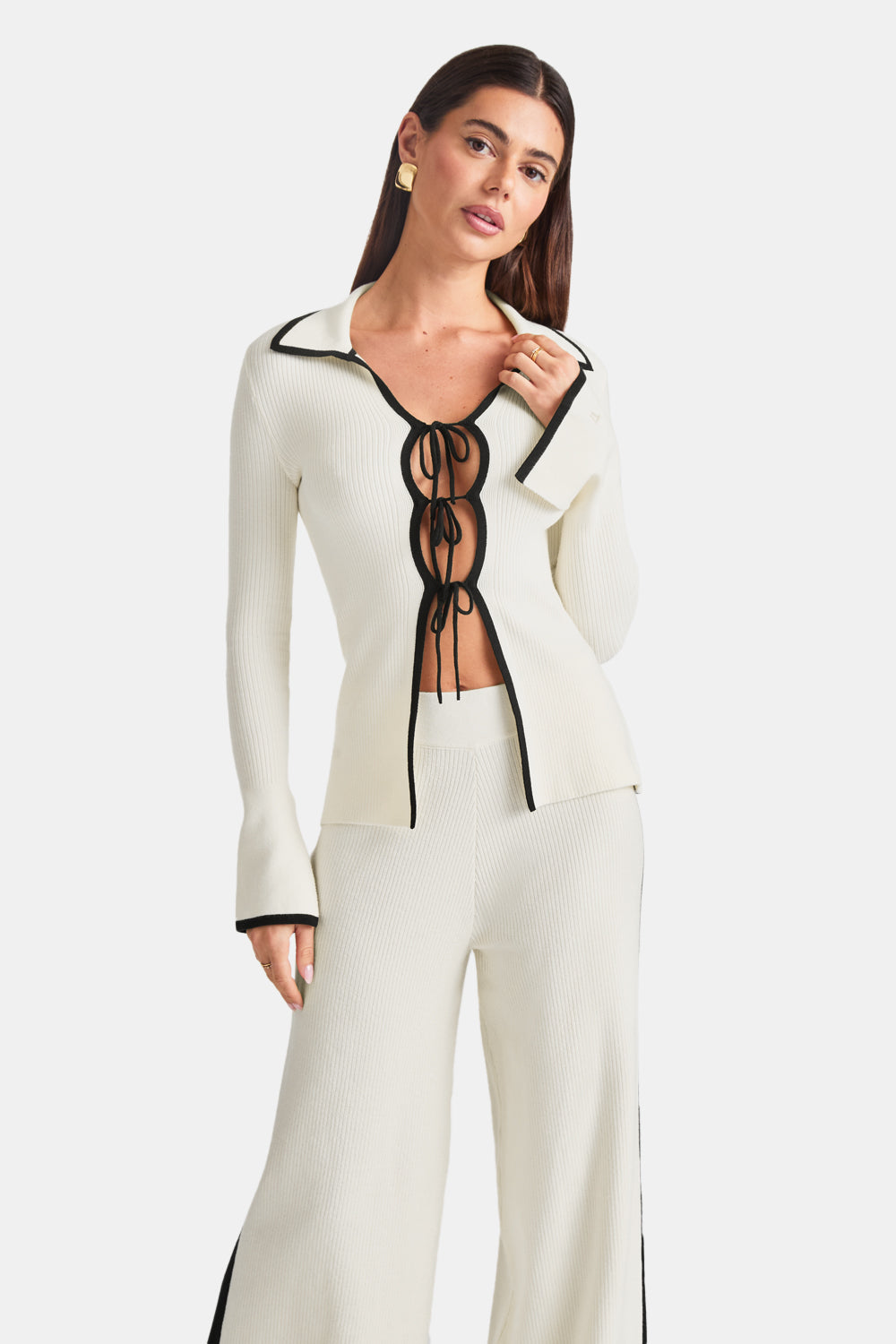 Slim Fit Long Sleeve Ribbed Knit Tie Top - Buttermilk And Black