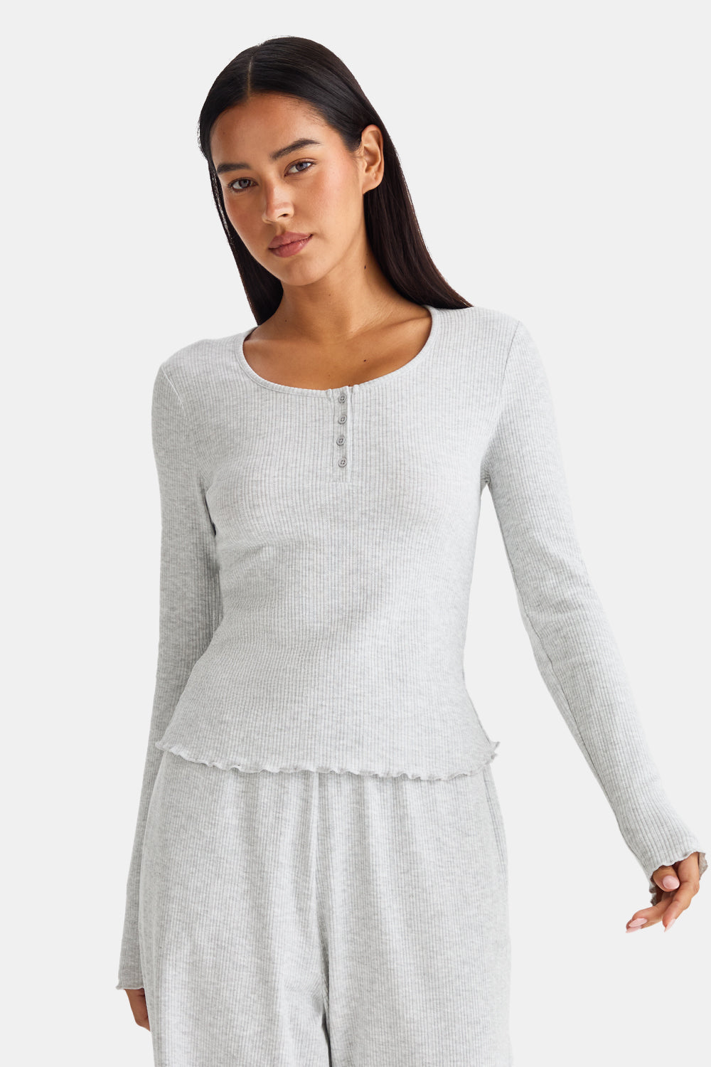 Henley Pyjama Top - Grey Marl