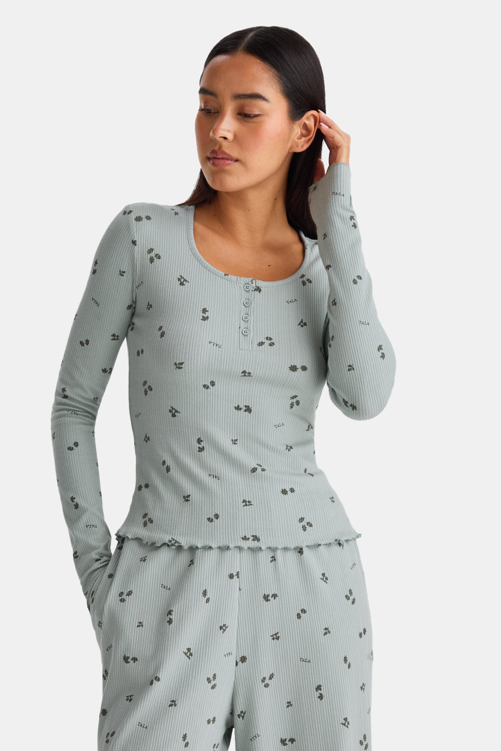 Henley Pyjama Top - Sage Woodland Print