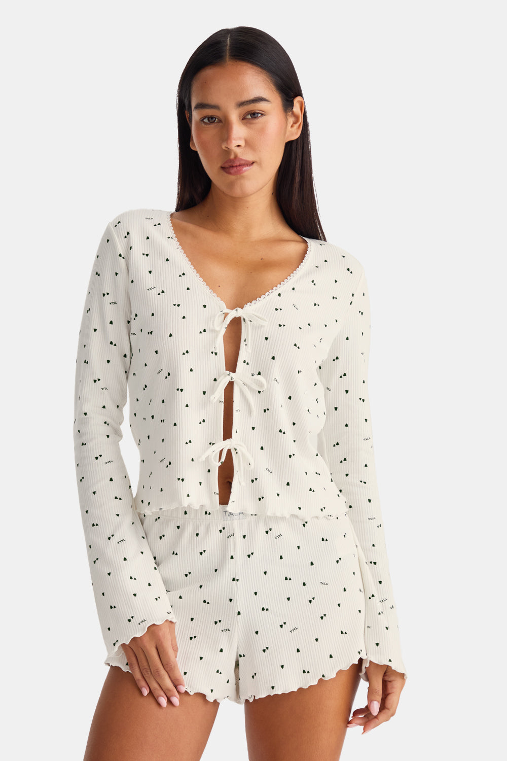 Tie Up Pyjama Cardigan - Ivory Forest Print